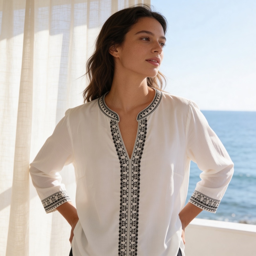 White Black Embroidered Tunic Blouse XL Boho Chic Long Sleeve